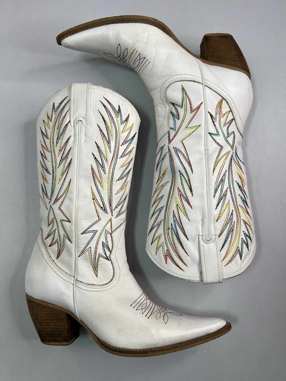 Penny Loves Kenny White Rainbow Stitching Western Boots Womens Size 8.5